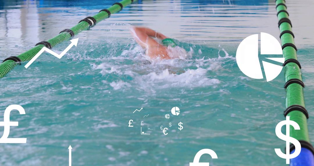 Athlete Performing Front Crawl in Pool with Dynamic Data Overlay