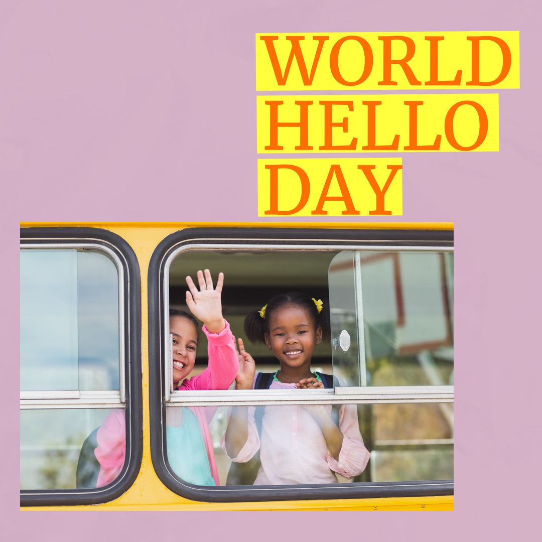 Diverse Children Waving from School Bus for World Hello Day