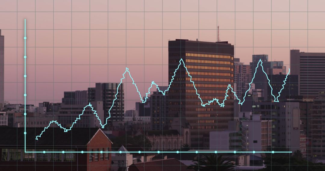 Financial Graph Displayed Over City Skyline at Sunset