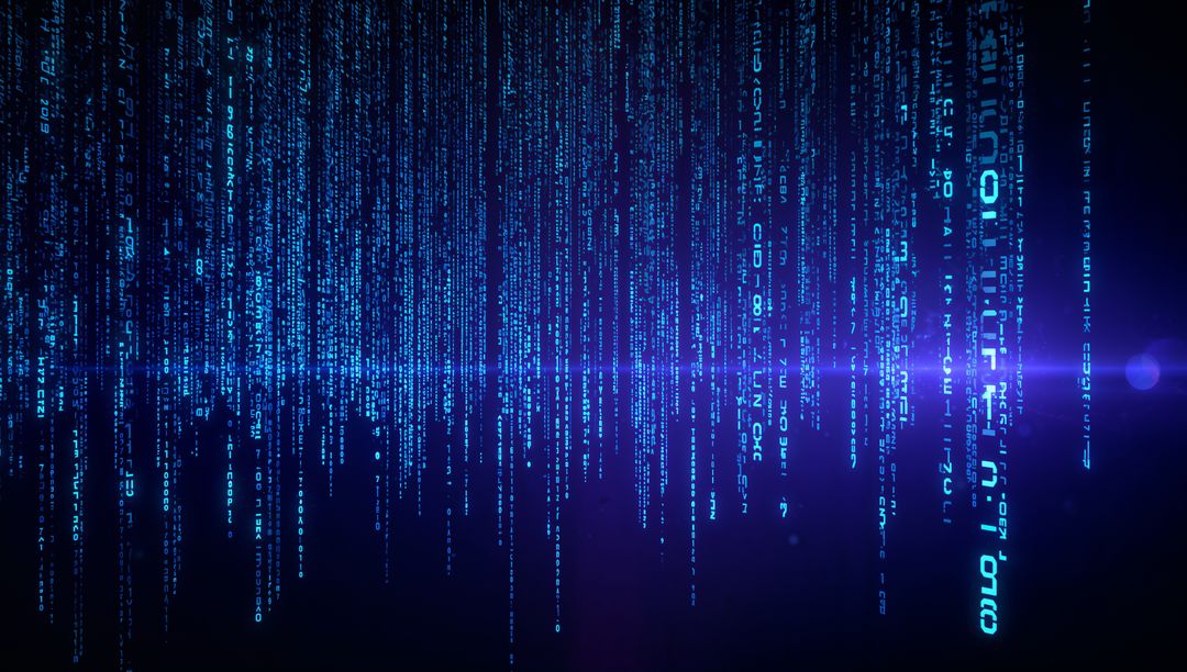 Streaming Blue Digital Code Rain with Neon Cyan Flare and Futuristic Matrix Lines