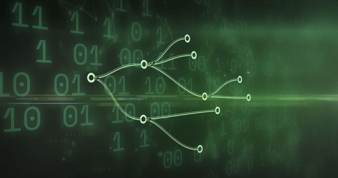 Abstract Binary Code with Floating Connections on Green Background