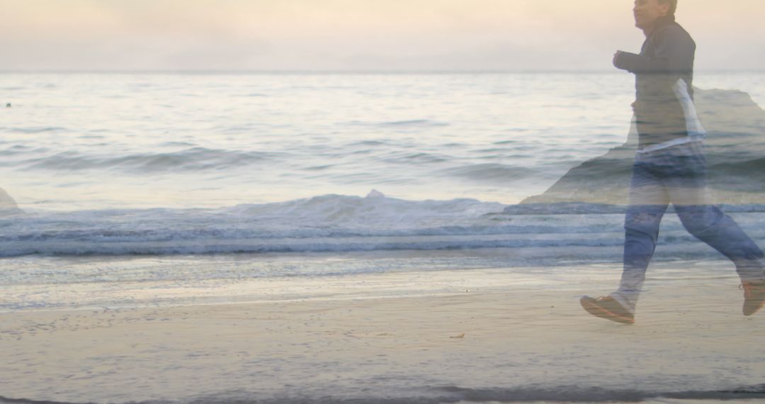 Man Enjoying Morning Run Along Serene Beach with Gentle Waves