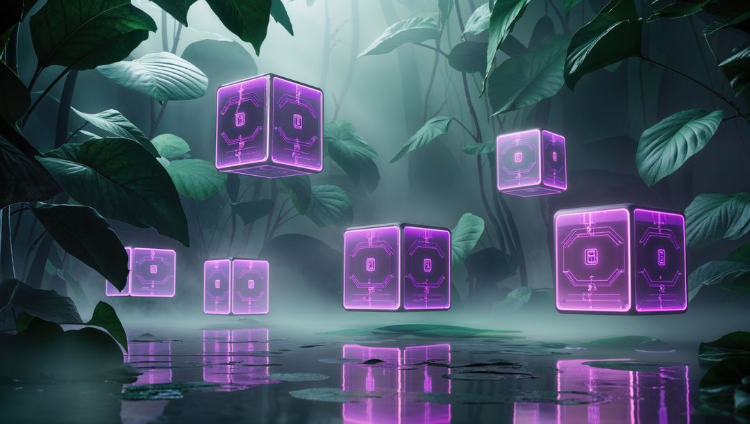 Neon Purple Cubes in Misty Jungle Fantasy Setting
