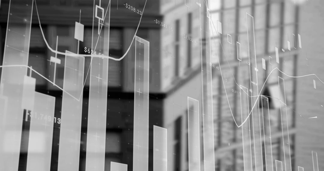 Digital Financial Data Overlapping Modern City Buildings