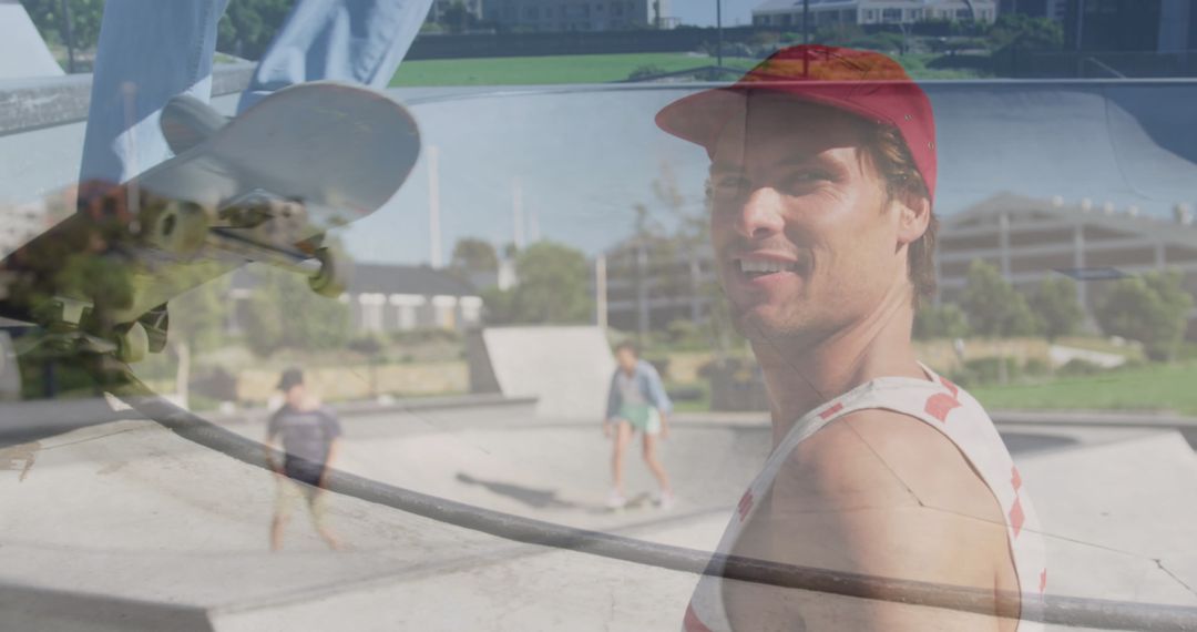 Dynamic Skateboarder and Smiling Enthusiast Overlapping Perception