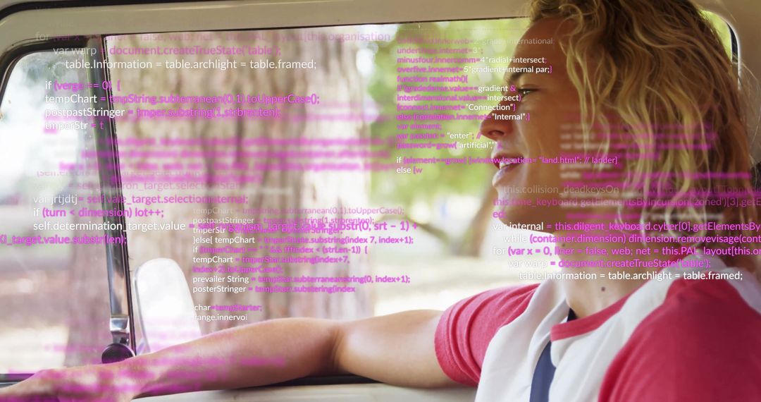 Man in Red Shirt Relaxing in Car with Programming Code Overlay