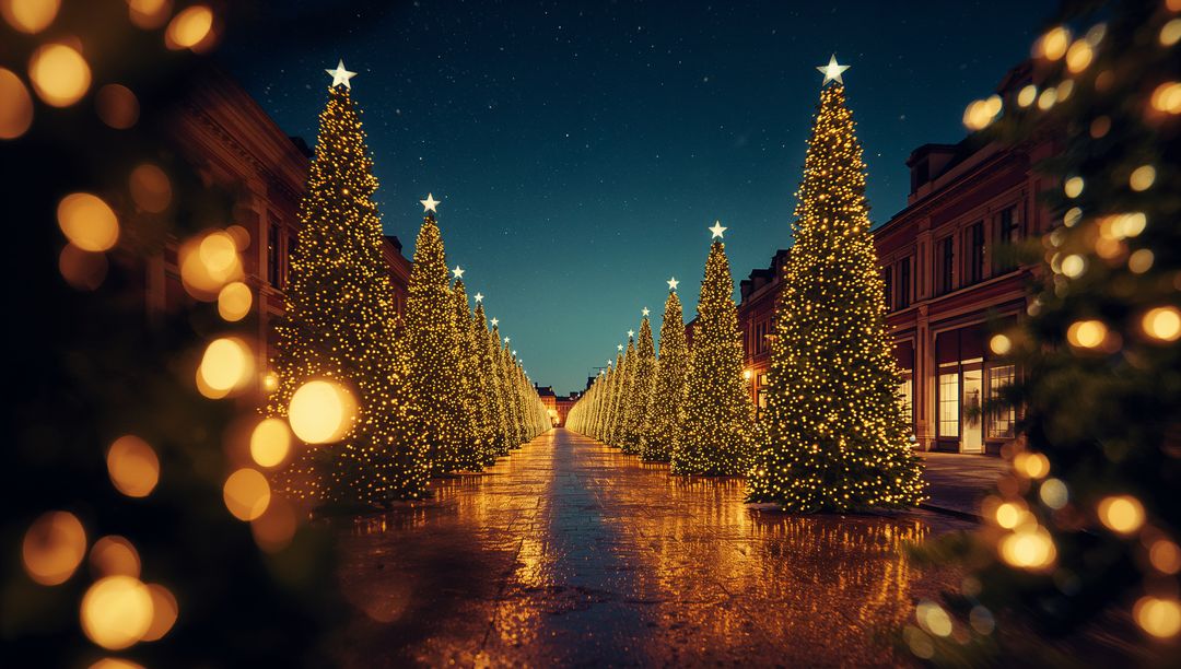 Mirroring Christmas Trees with Illuminating Street Glow at Night