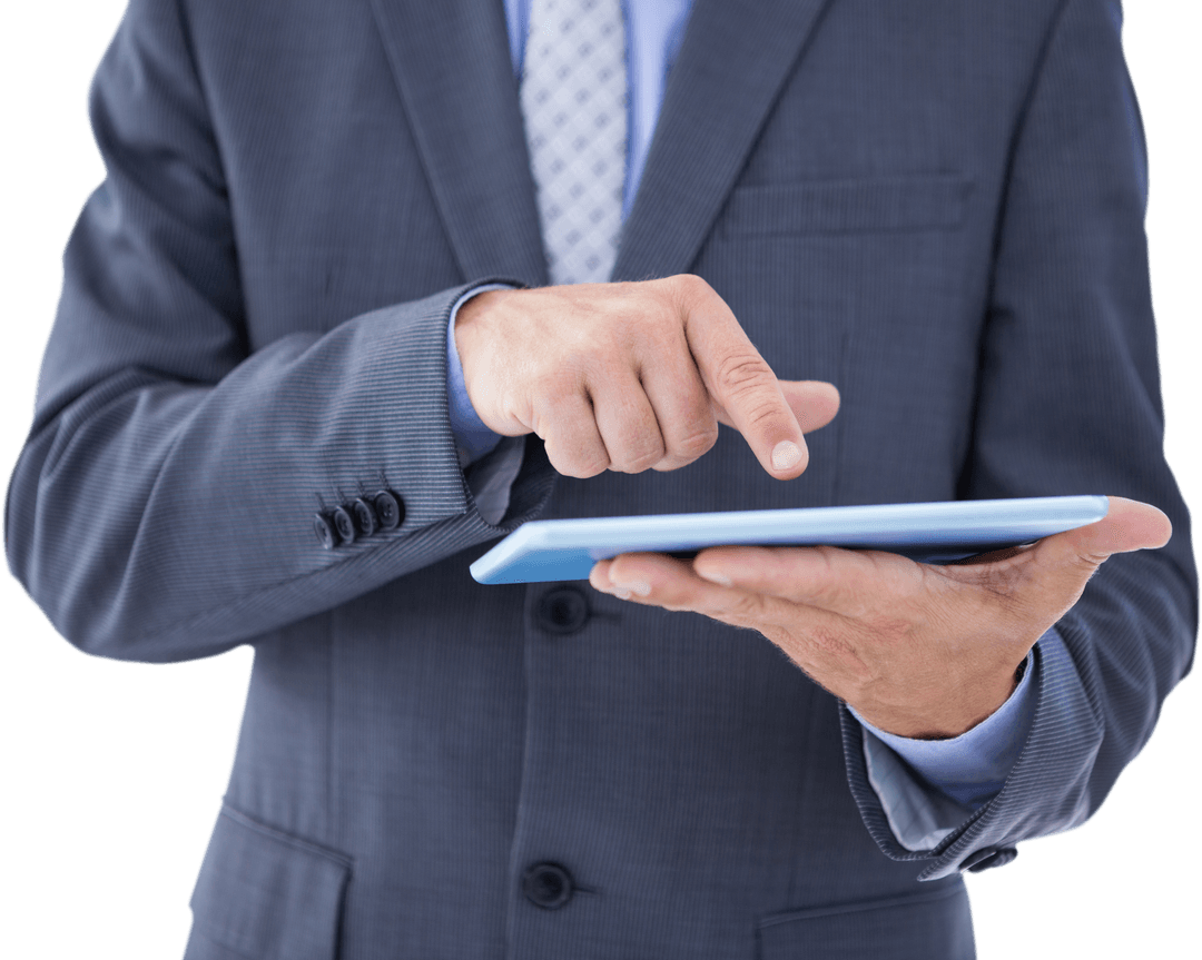 Businessman Engaging with Modern Tablet on Transparent Background