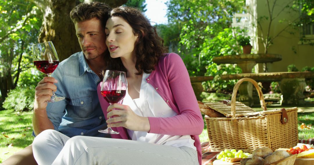 A Caucasian couple enjoys a romantic picnic with wine in a lush garden, with copy space - Free Images, Stock Photos and Pictures on Pikwizard.com