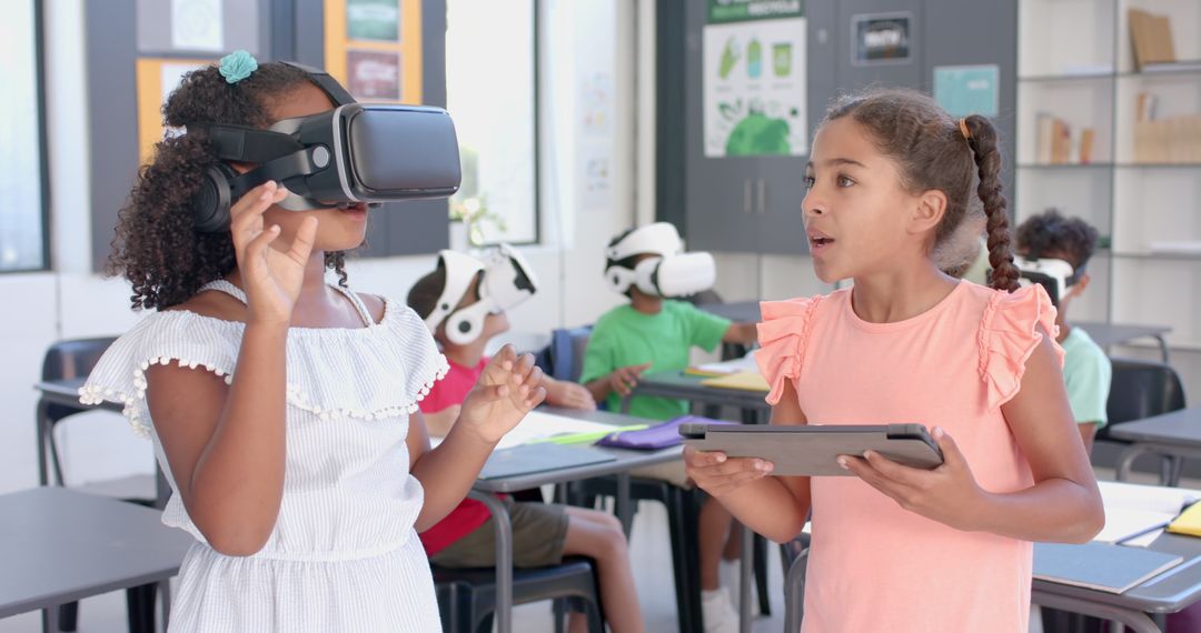 Biracial Schoolgirls Exploring Virtual Reality in Classroom