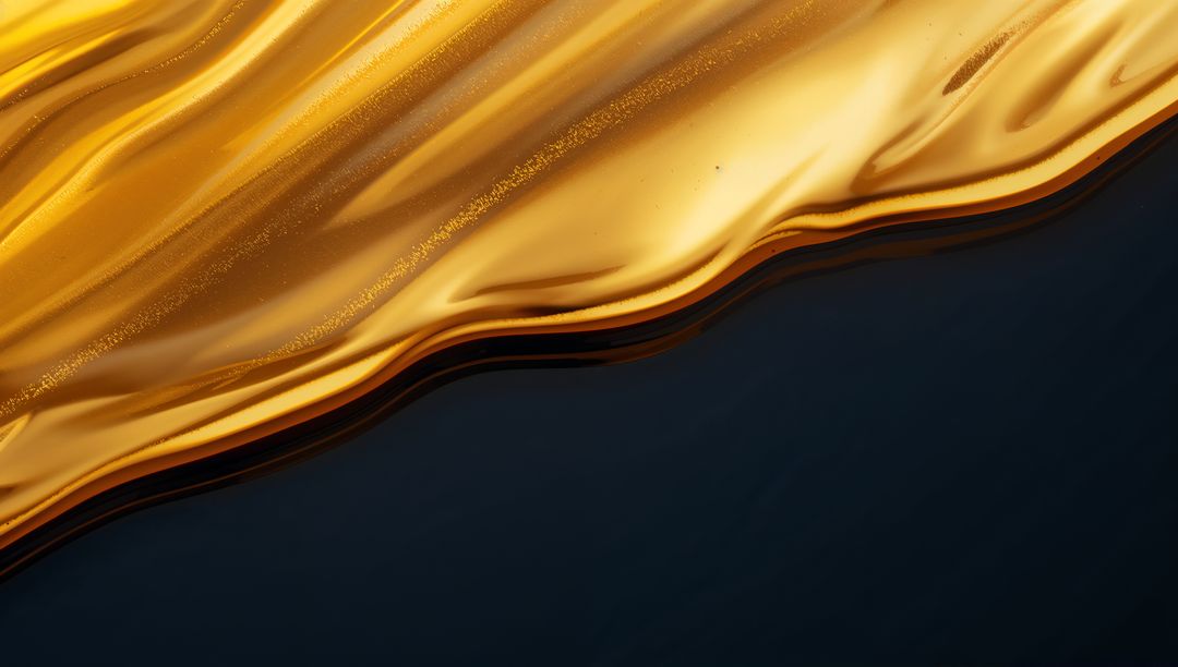 Gliding Liquid Gold Ribbon Over Deep Navy Background Luxurious Metallic Abstract Wave