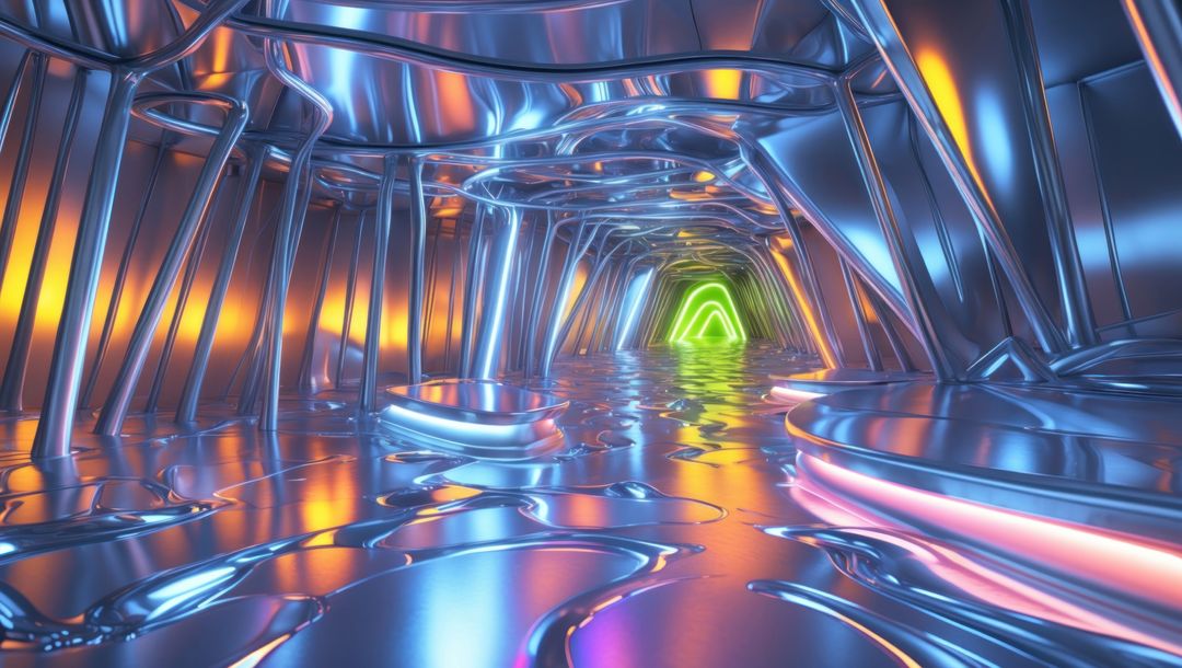 Futuristic Metallic Tunnel with Reflective Neon Portal