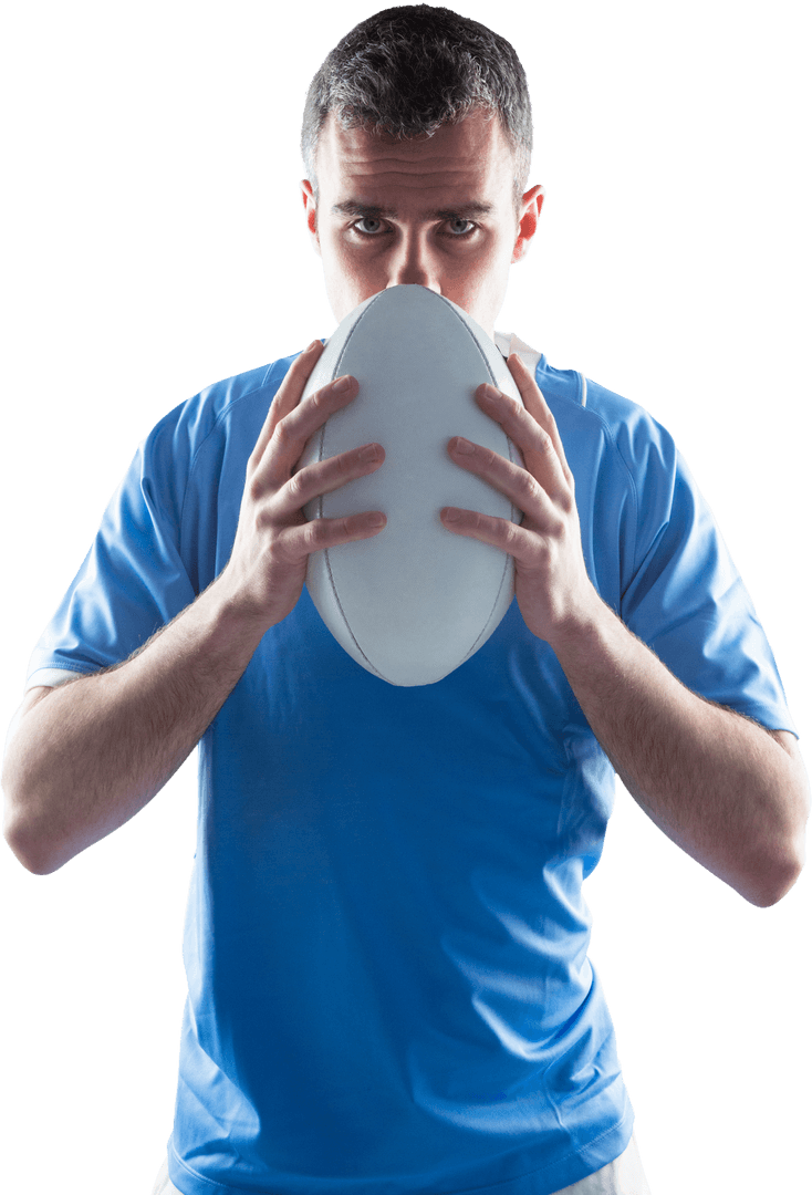 Transparent Portrait Serious Rugby Player Holding Ball