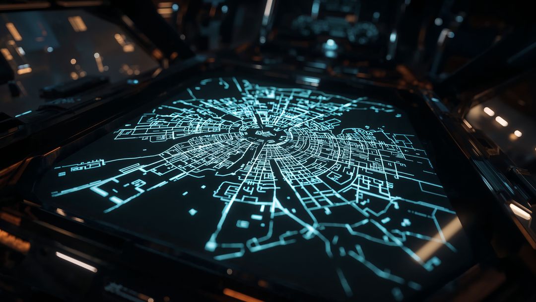Futuristic Interface Displaying Radial Map in High-Tech Control Room