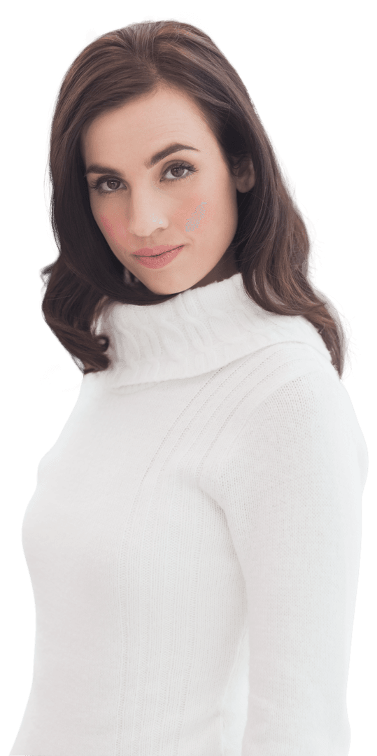 Transparent Woman Smiling Elegantly in White Turtleneck Sweater