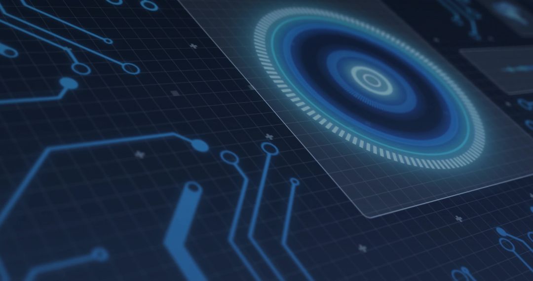 Holographic Circular HUD with Neon Blue Circuit Traces on Dark Grid Background