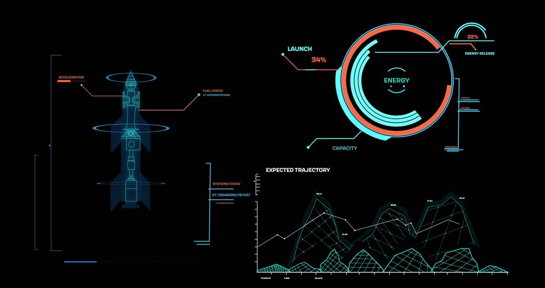 Futuristic Rocket Blueprint with Energy Indicators and Trajectory Analysis