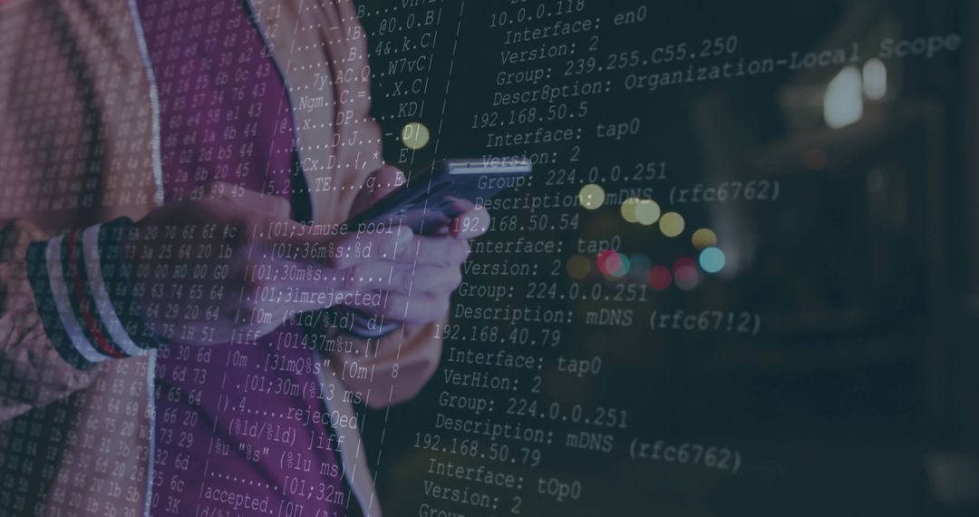 Man Engaging with Code Overlay on Night Lit Street