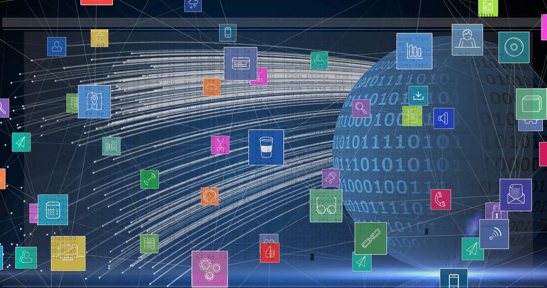 Digital Network Icons Over Binary-Coded Globe