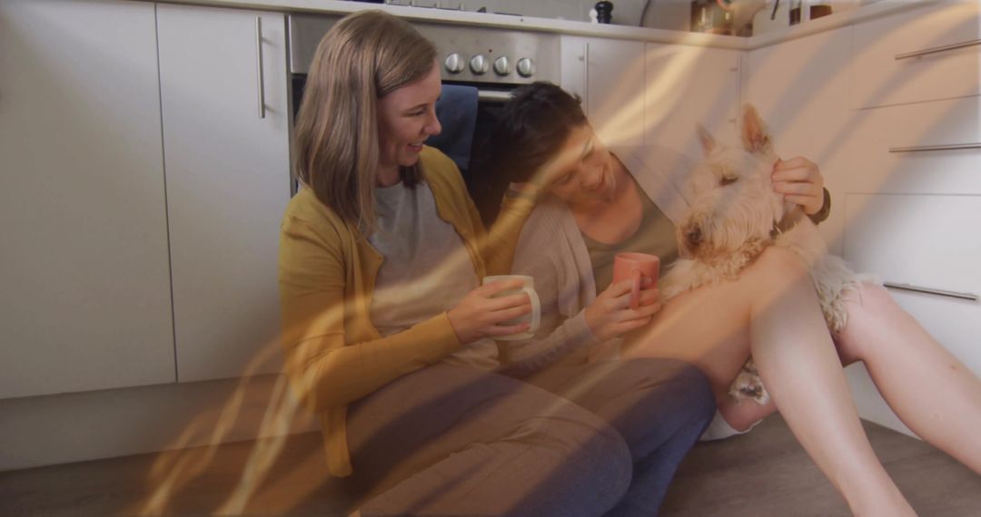 Cozy Kitchen Moments: Two Friends with Dog Relaxing Together