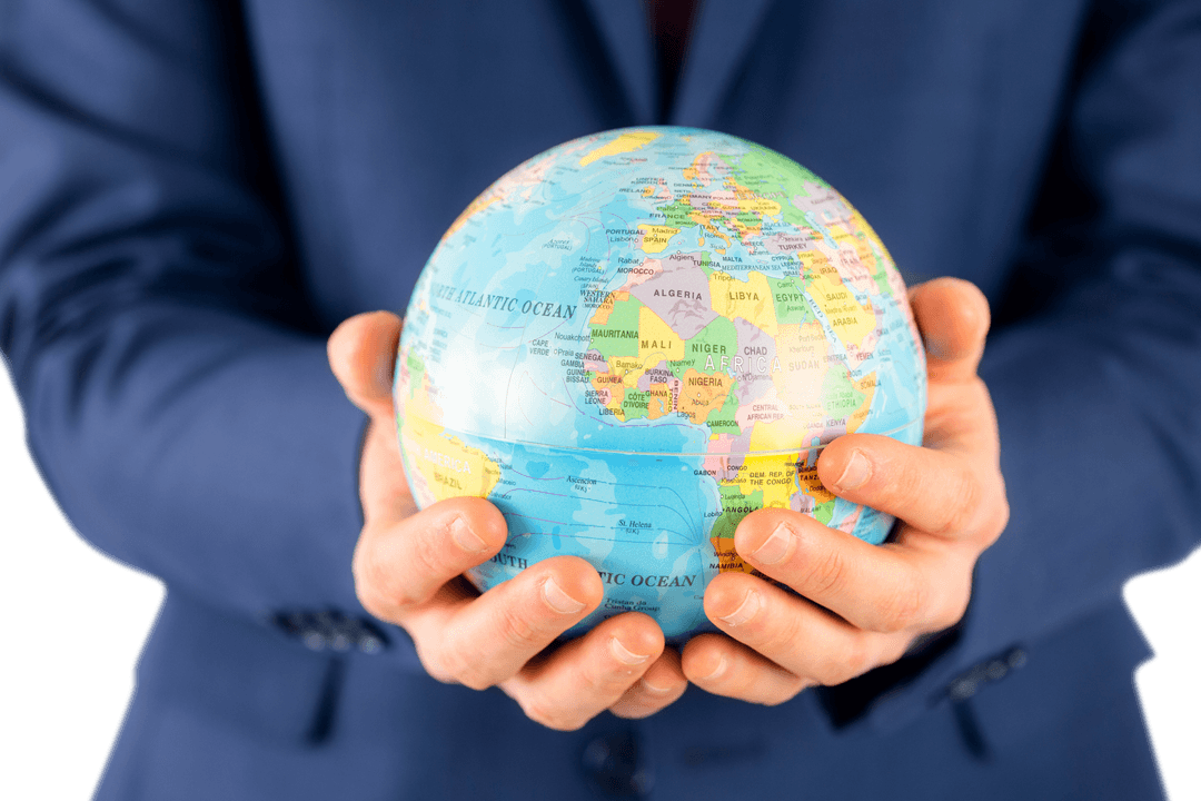 Businessman Holding Transparent Globe in Hands Symbolizing Global Business