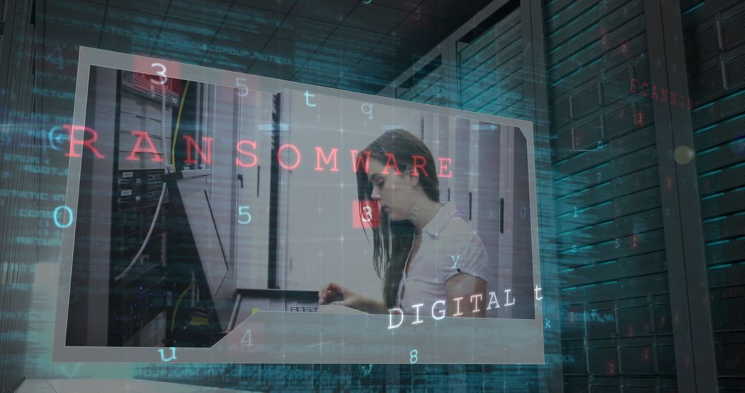 Cybersecurity Alert with Woman in Server Room Visualizing Ransomware