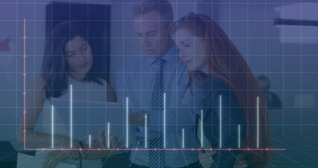 Team Analyzing Data with Overlay Bar Chart in Modern Office