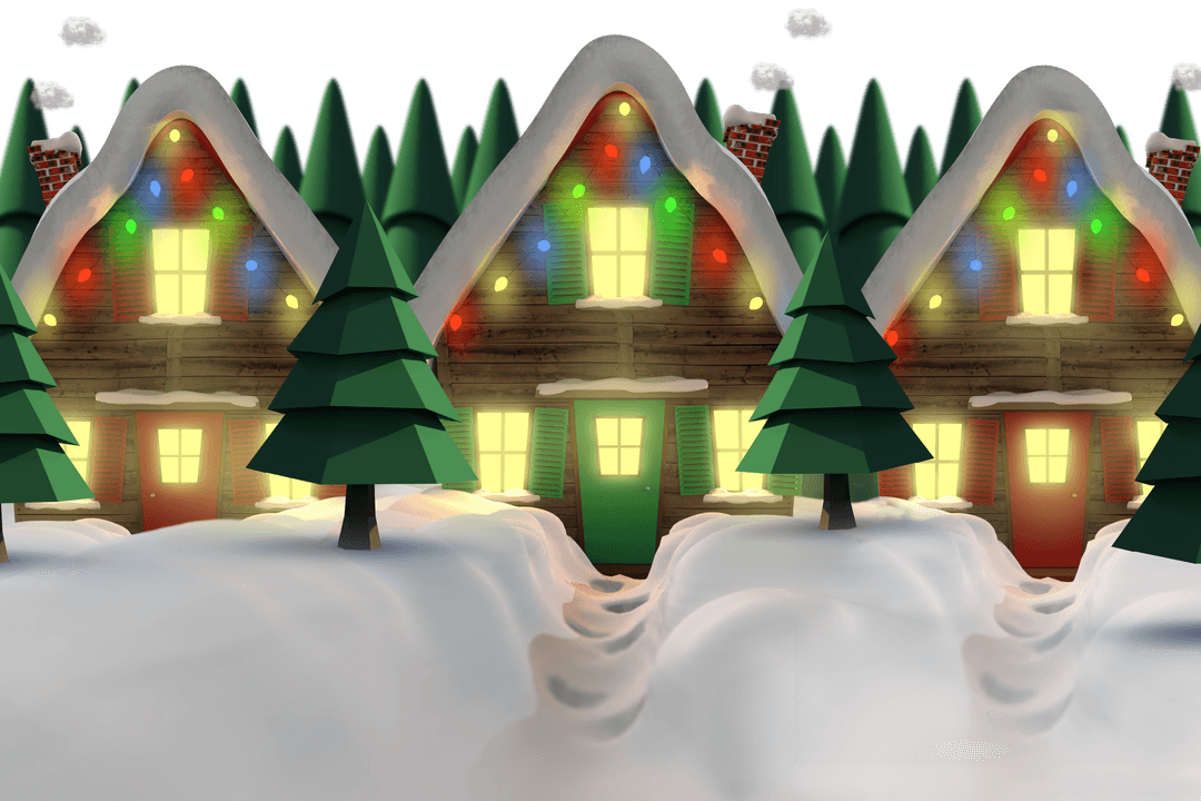 Digital Christmas Cottages with Festive Lights on Transparent Background