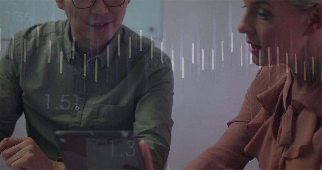 Business Professionals Analyzing Tablet Data with Waveform Overlay in Office