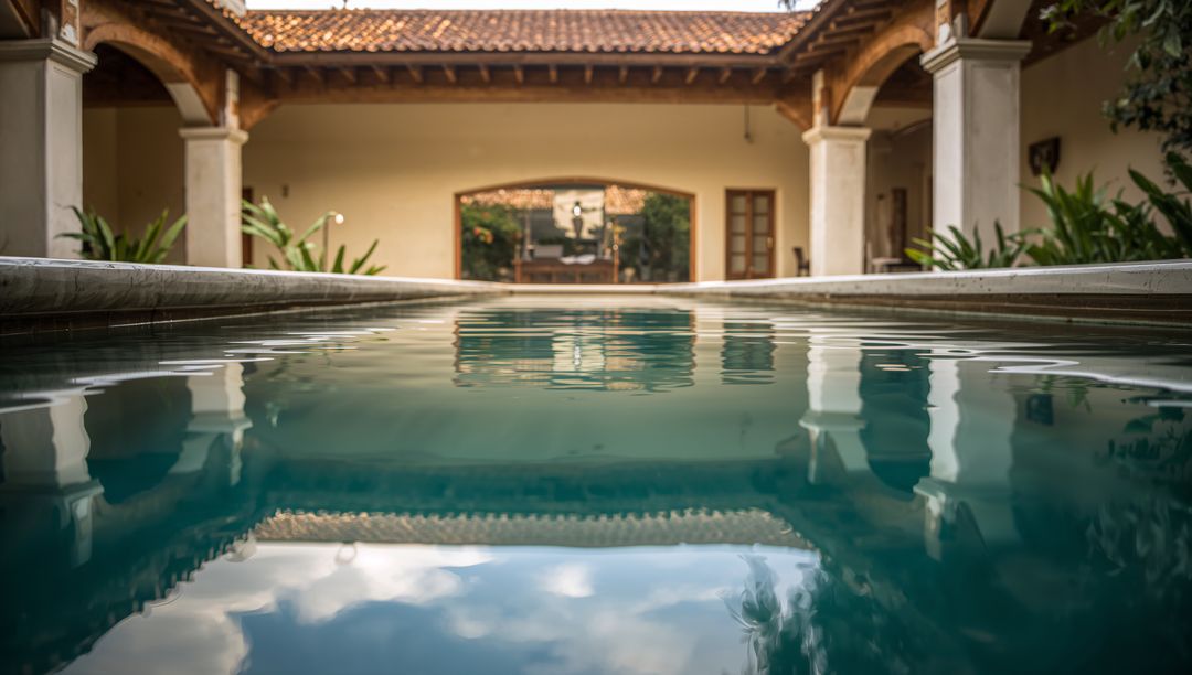 Serene courtyard reflecting pool mirroring terracotta roof, rounded arches and colonnade