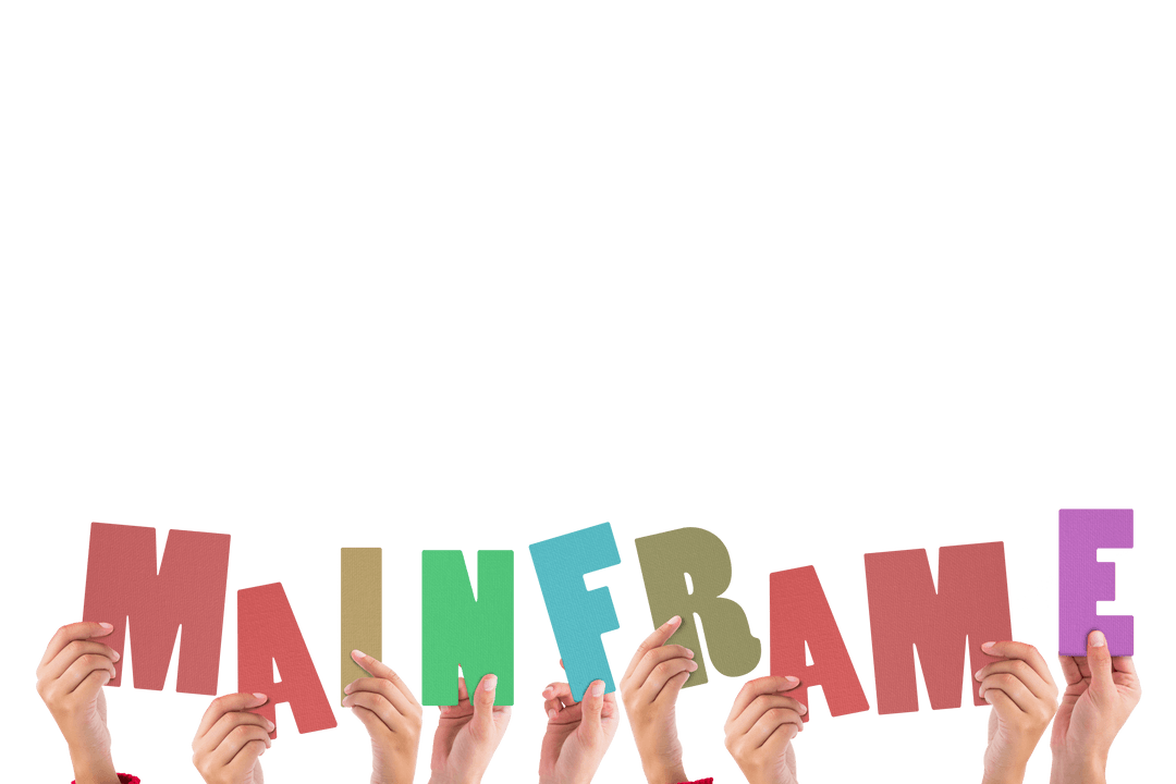 Transparent Hands Holding Colorful Mainframe Letters