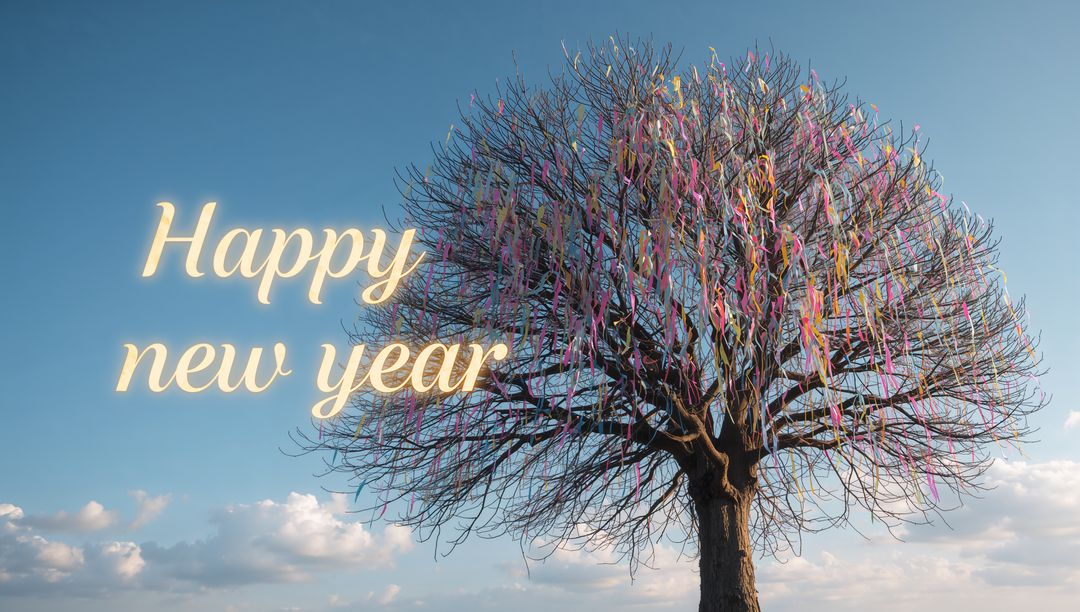 Leafless tree celebrating new year with colorful ribbons and open sky for greetings