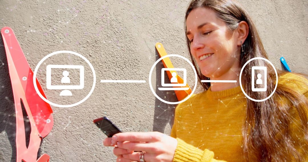 Woman Using Smartphone with Digital Network Icons Overlay
