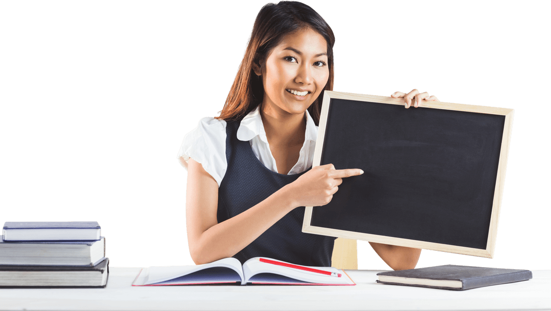 Smiling Woman Pointing Black Chalkboard Transparent Background