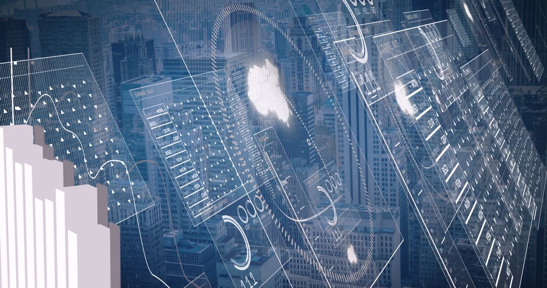 Digital Interface Overlay on City Skyline with Futuristic Data Visualization