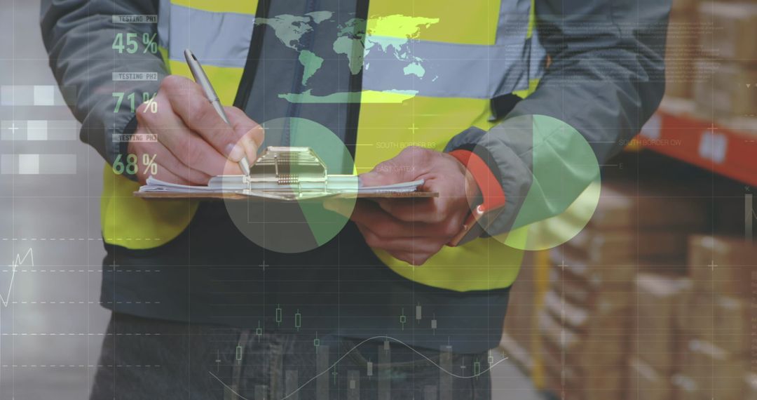 Warehouse Worker Analyzing Global Shipping Data with Technology Overlay