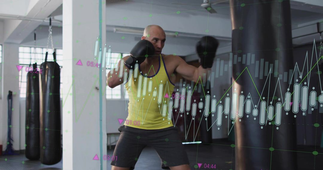 Athletic Man Boxing with Data Chart Overlay in Modern Gym