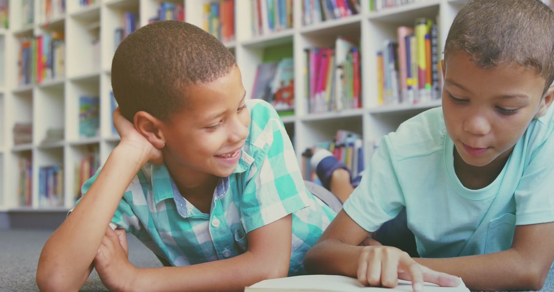 Two Boys Enjoying Reading Time in Colorful Library