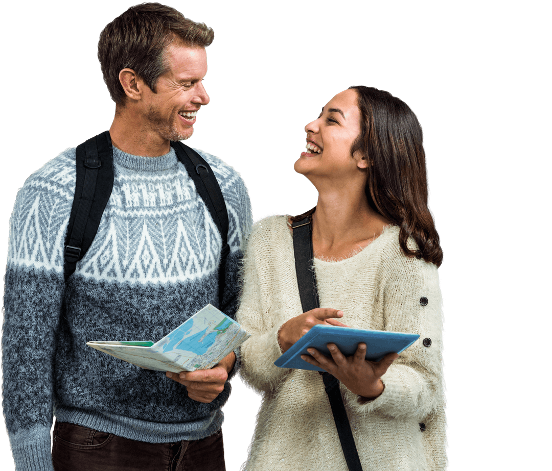 Transparent Happy Couple Traveling with Map and Digital Tablet