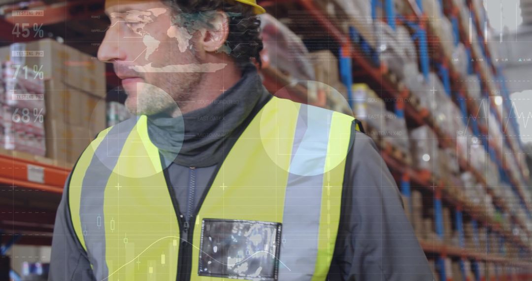 Warehouse Worker Analyzing Data for Global Logistics Insights