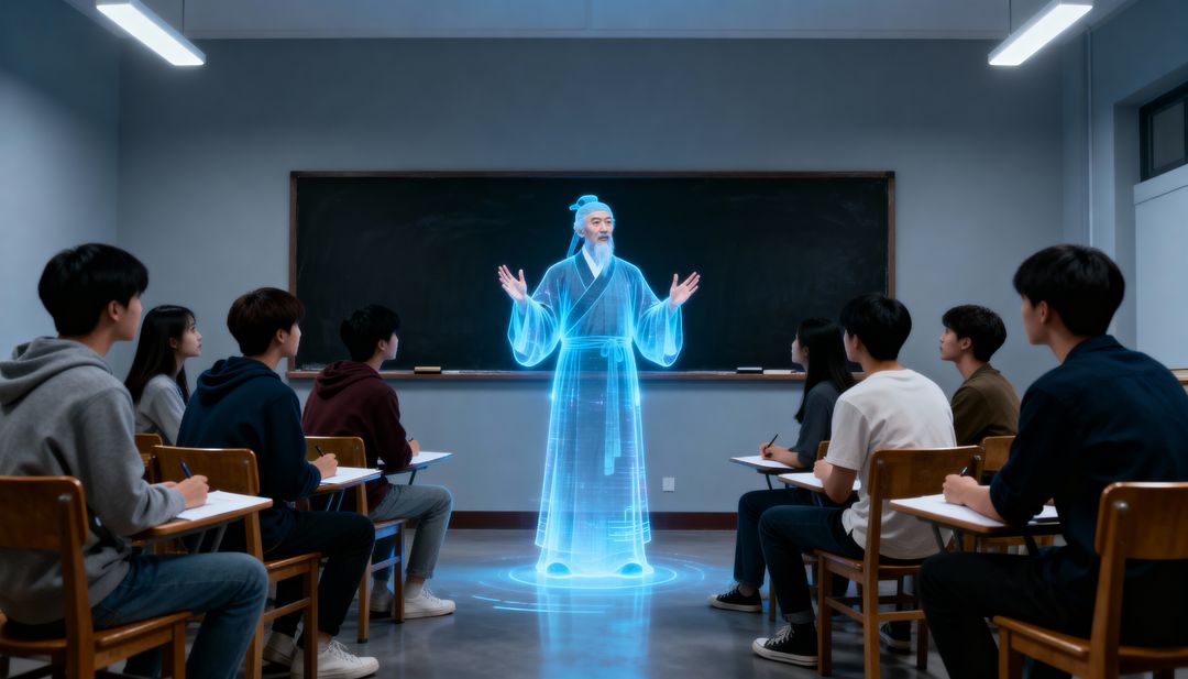 Holographic Ancient Scholar Delivering Lecture to High School Students in Modern Classroom
