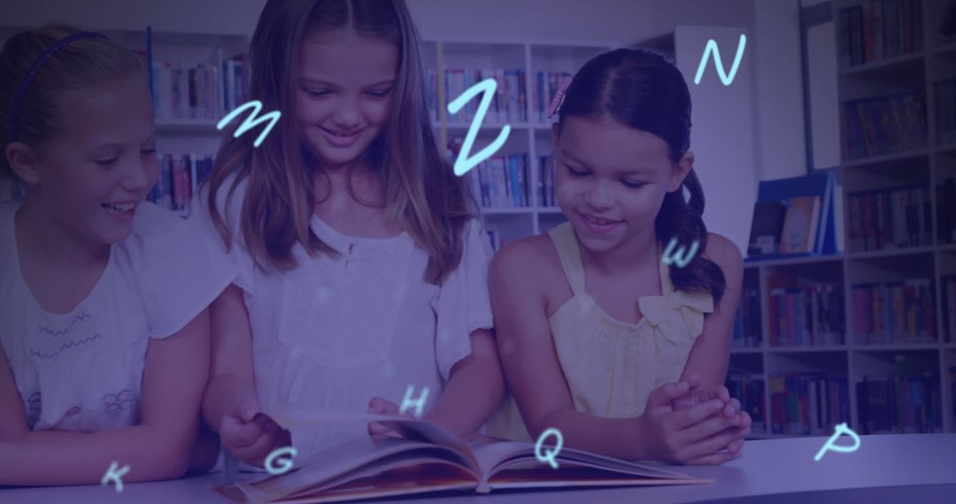 Diverse Girls Enjoying Learning with Floating Alphabets in School Library