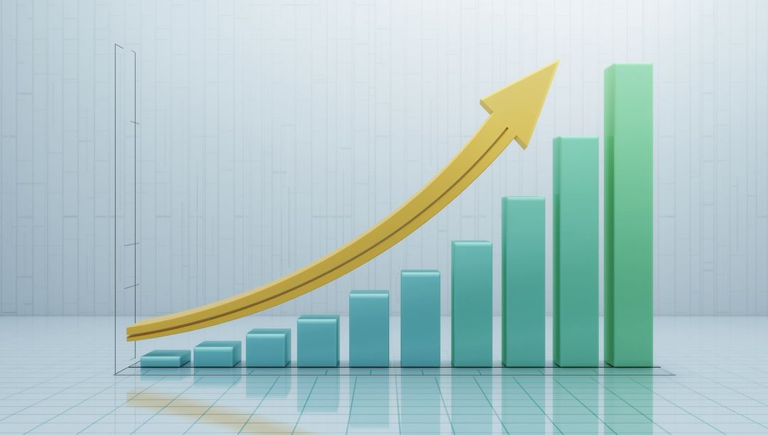 3D Bar Chart Showing Financial Growth with Upward Arrow