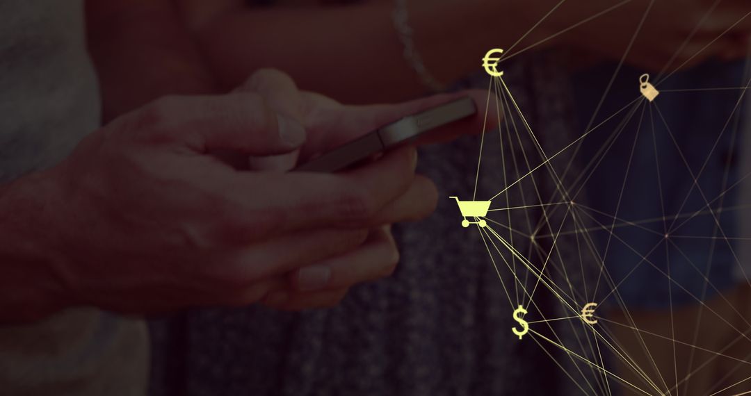 Man Using Smartphone for Online Shopping with Currency Icons