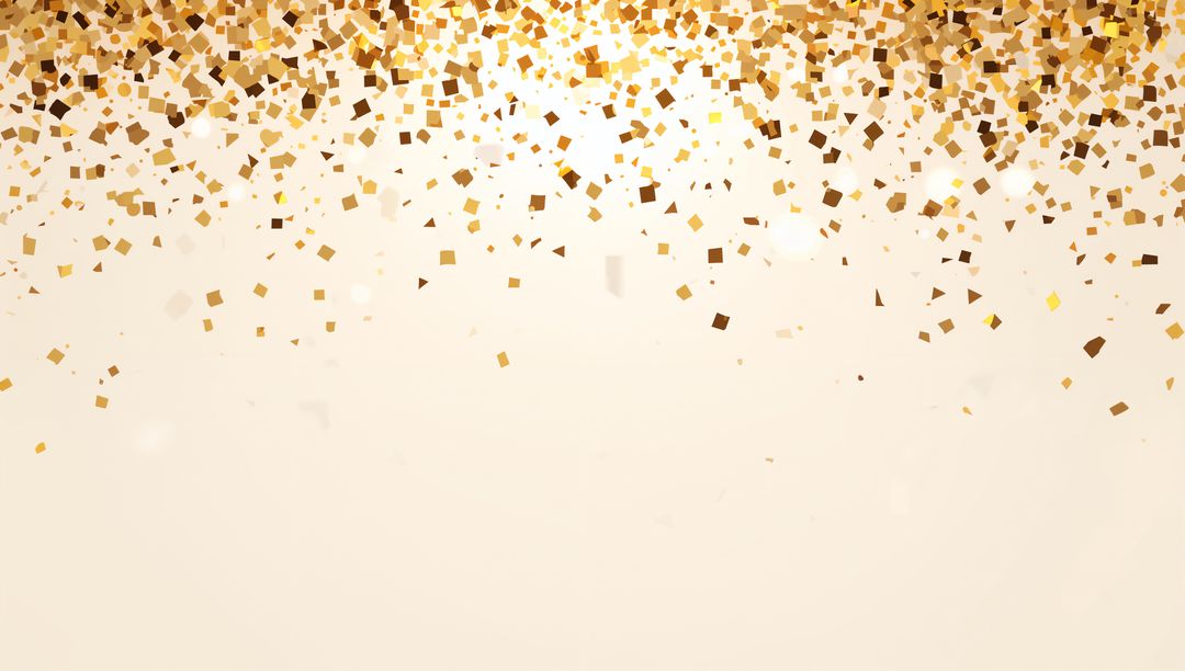 Cascading Metallic Gold Confetti Over Cream Gradient Background with Bokeh Light Sparkle
