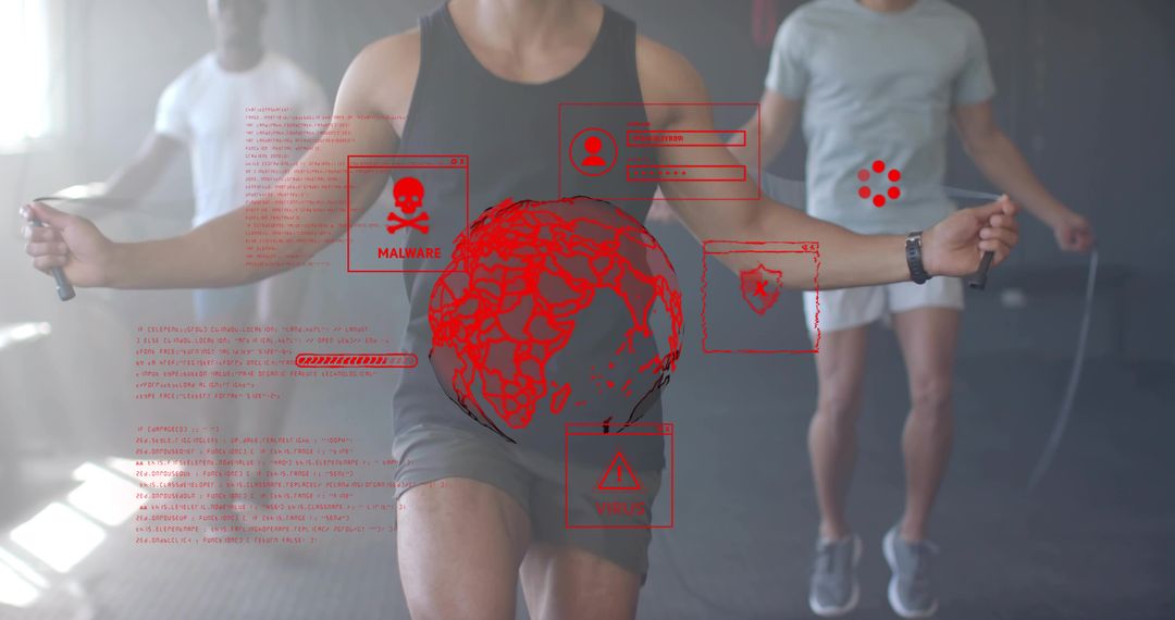 Athletic Men Jumping Rope with Digital Technology Graphics