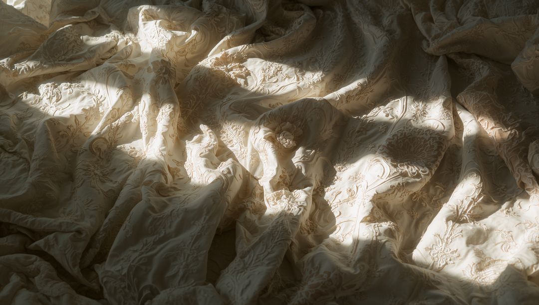 Crumpling Cream Damask Duvet Casting Soft Light and Shadow Over Embossed Paisley Motifs