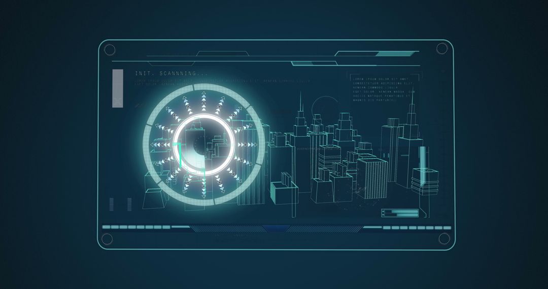 Futuristic 3D City Architecture with Digital Interface Scanning