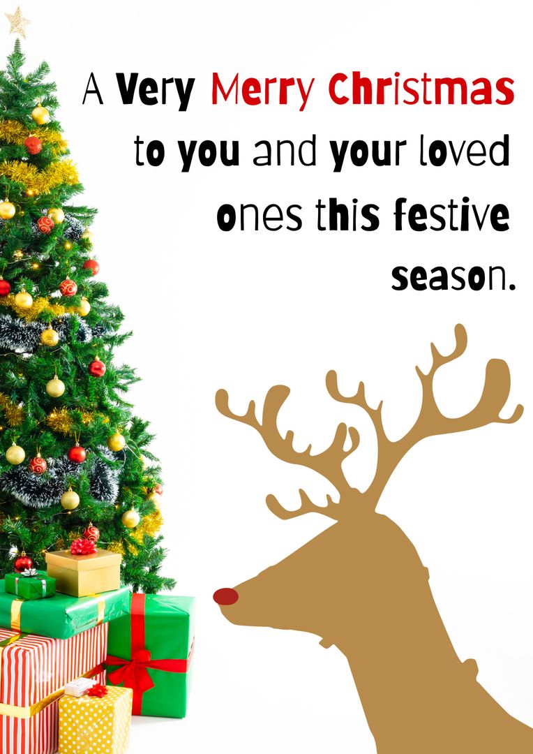 Festive Christmas Card with Tree and Reindeer Silhouette