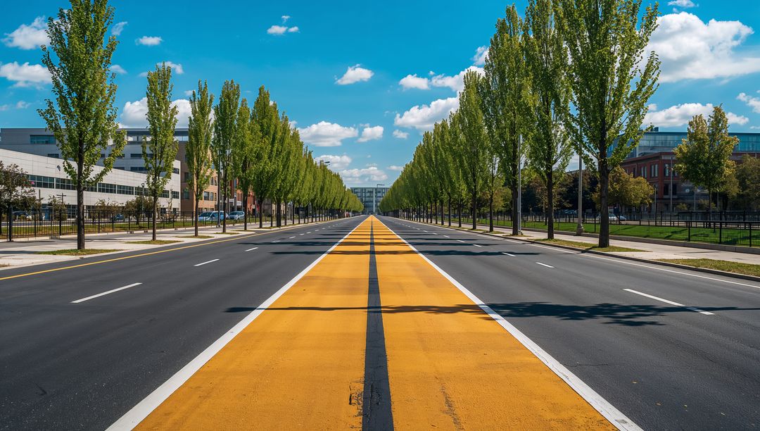 Empty urban boulevard with yellow median and tree-lined symmetry leading to horizon